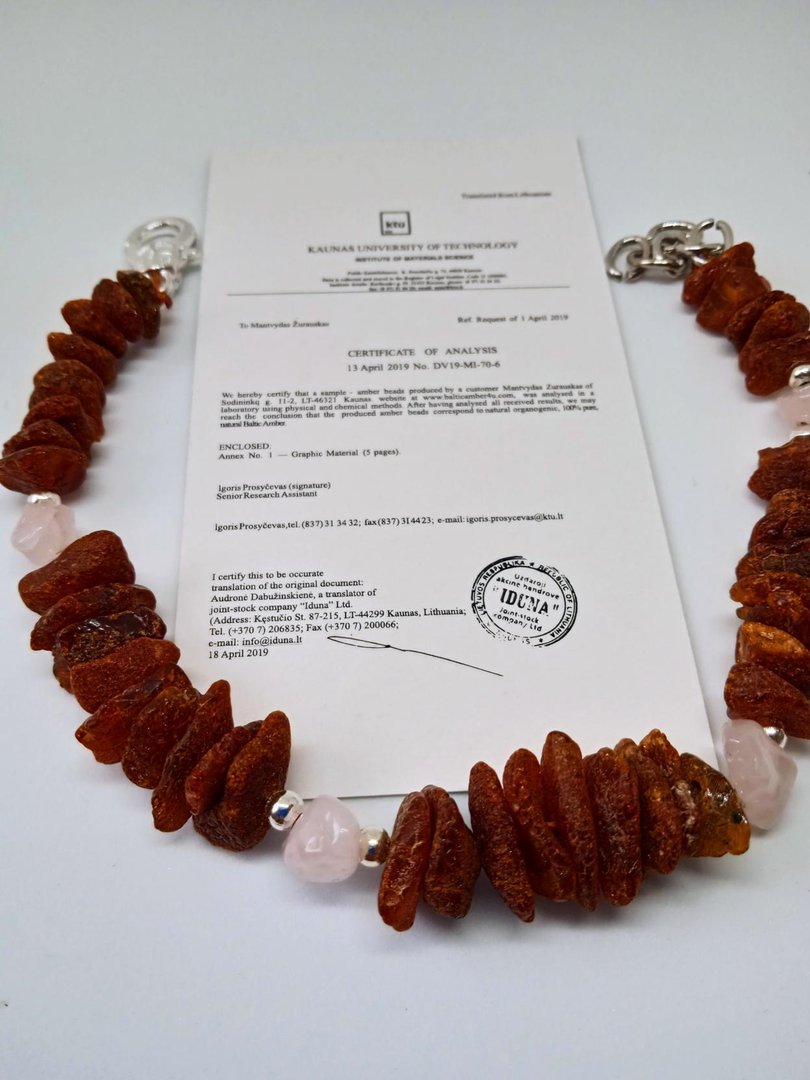 Collar ámbar báltico crudo 20-22cm con Cuarzo Rosa